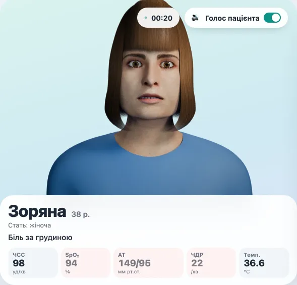 Портрет пацієнтки в Casus і плитки життєвих показників: ЧСС, SpO₂, АТ, ЧДР і температура